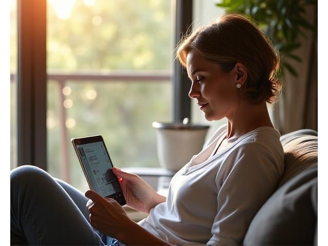 Woman reading a health blog on a tablet, surrounded by natural light