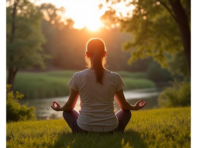Person meditating in a serene outdoor setting, representing mental well-being