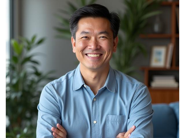 Mike Chen smiling confidently, symbolizing reduced stress and improved mental well-being