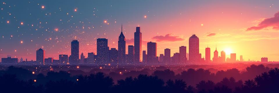 Illustration of the Austin, TX skyline at dawn, with subtle digital elements representing connectivity and growth emanating from it.