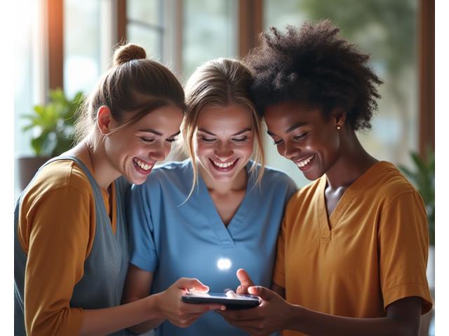 Diverse group of adults over 35, smiling and engaged in a modern, light-filled wellness space, with one person gesturing towards a tablet displaying health metrics.
