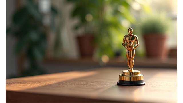 A small gold award statue on a modern desk with blurred healthy lifestyle elements in the background.