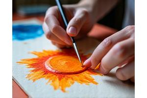 Hands painting a canvas with vibrant watercolors, no digital devices visible