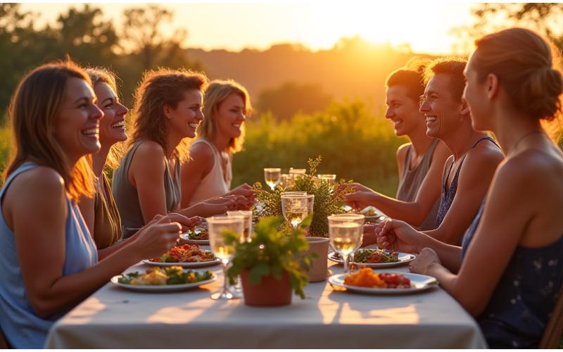 Diverse group of adults laughing and sharing a meal outdoors at a community wellness event