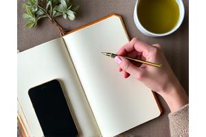 Woman writing in a paper journal next to a turned off smartphone