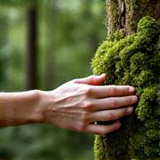 Person's hands gently touching moss on a tree trunk in a lush forest