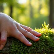 Group holding hands in a circle during a guided nature walk in a sun-dappled forest