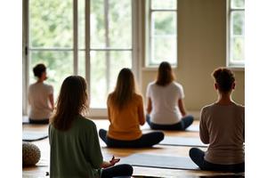 Diverse group of adults meditating calmly in an indoor studio with natural light
