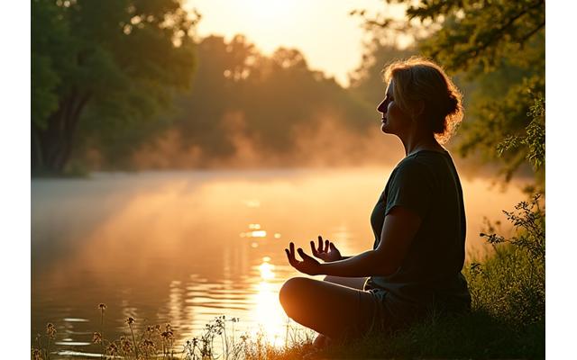 Woman meditating by a lake at sunrise, surrounded by lush greenery