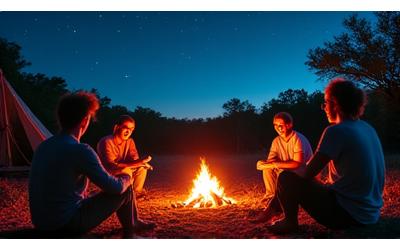 Group enjoying a campfire under starry Texas sky during a digital detox retreat