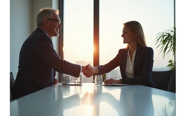 Two diverse professionals shaking hands in a modern, light-filled office, symbolizing a successful partnership.