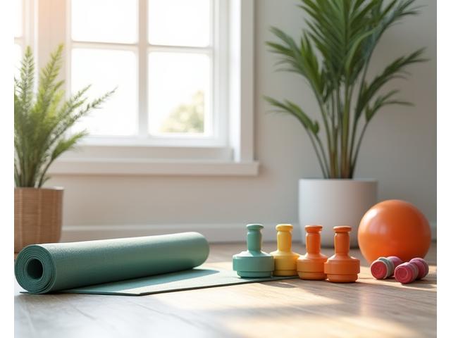 Home gym setup with a yoga mat, resistance bands, and light weights, well-lit.