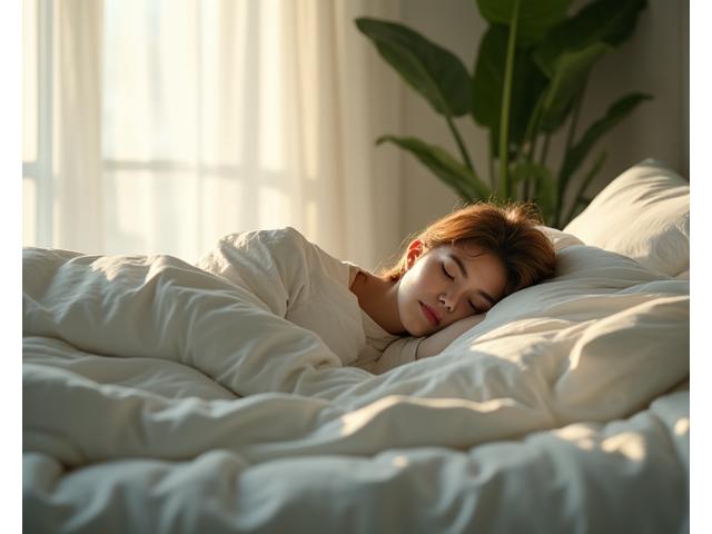 Person sleeping peacefully in a comfortable bed, illuminated by soft morning light.