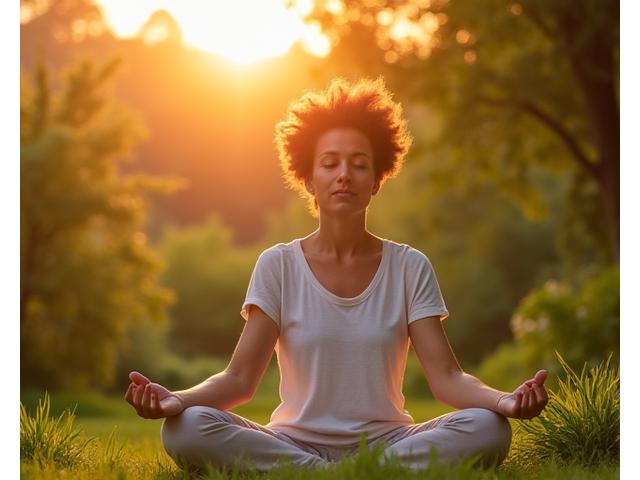 Person meditating in a calm, green outdoor setting, surrounded by soft light.