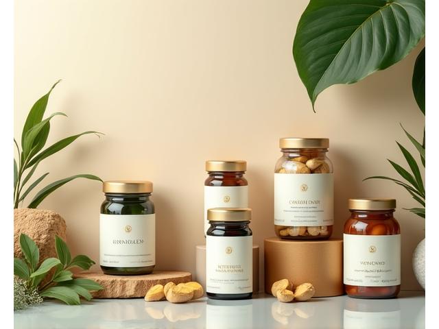 Assortment of natural nutritional supplements and vitamins in eco-friendly packaging.