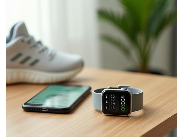 Smartwatch tracking fitness, next to a smartphone showing health data.