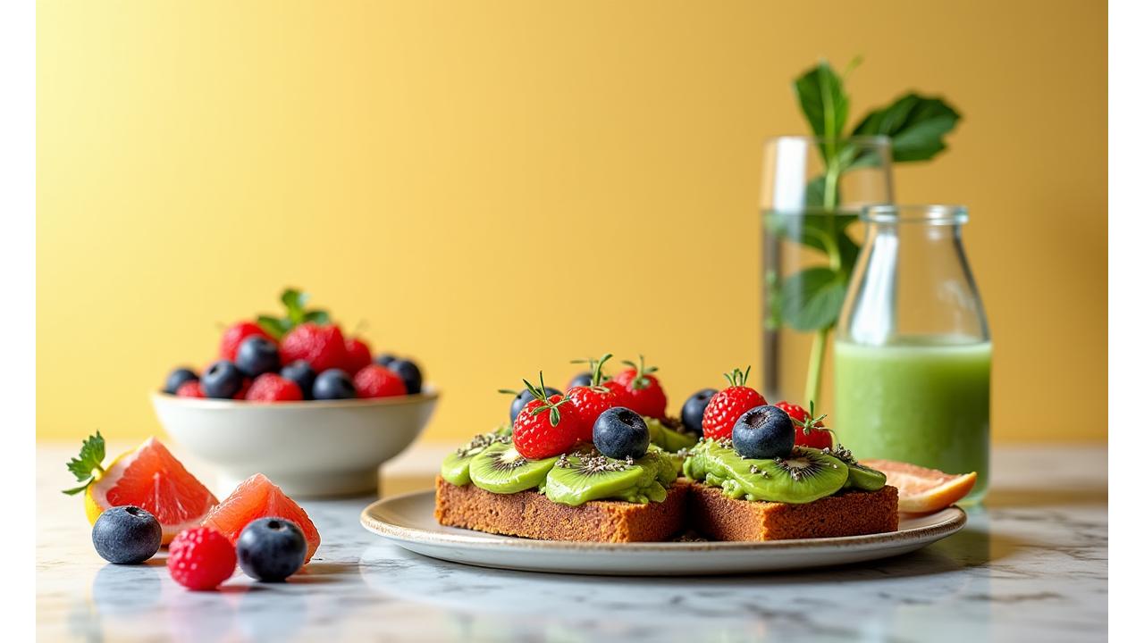 A balanced breakfast featuring colorful fruits, nuts, and whole grains, symbolizing holistic nutrition for adults over 35.