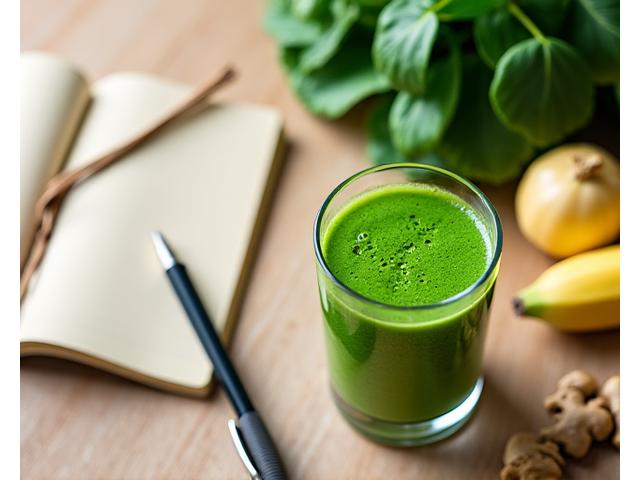 A vibrant green smoothie next to a diary, representing gut health and mindful eating.