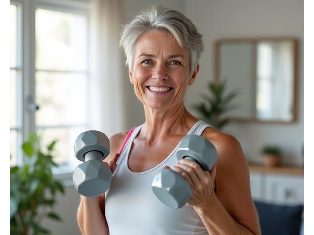 An adult woman performing a light strength training exercise with dumbbells in a bright, modern home gym.