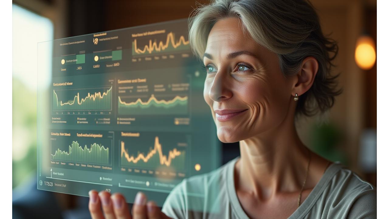An adult interacting with a sleek, glowing holographic interface displaying personalized wellness data and recommendations, symbolizing AI-powered insights tailored to their lifestyle.