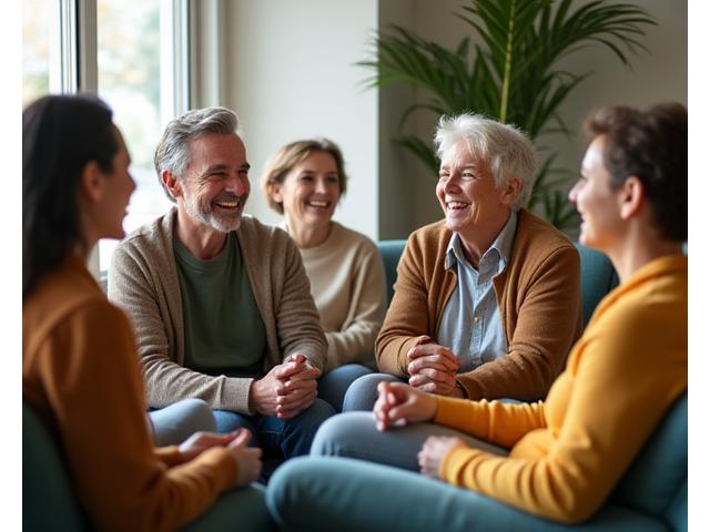Diverse group of adults (35+) engaged in a supportive group discussion, smiling and connecting, in a warm, inviting setting. Soft, natural light.
