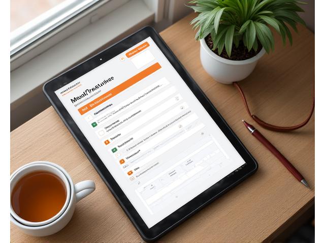 A tablet displaying a CBT worksheet, with a pen and a cup of herbal tea beside it, on a natural wood desk. Modern, inviting aesthetic.