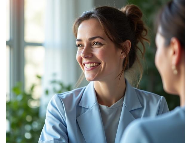 A licensed psychologist in a professional, empathetic setting, discussing mental health with clarity and warmth. Natural lighting, focus on connection.