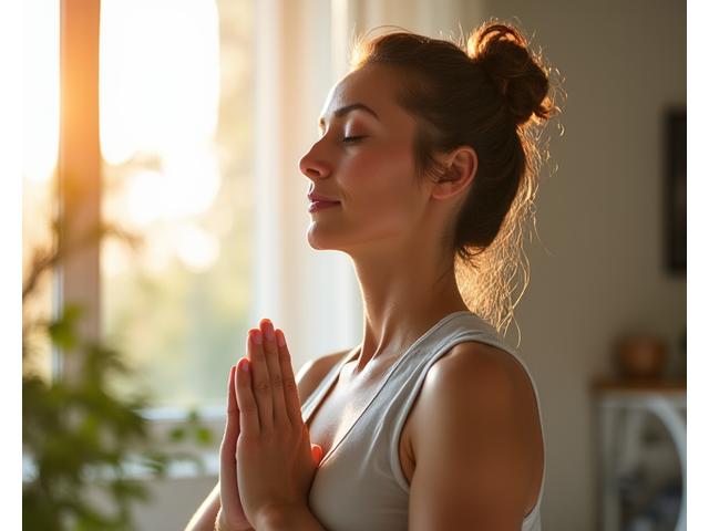 Woman practicing gentle yoga with serene expression, illustrating holistic mental and physical wellness for adults 35+ with a soft focus. Soft natural light, warm aesthetic.