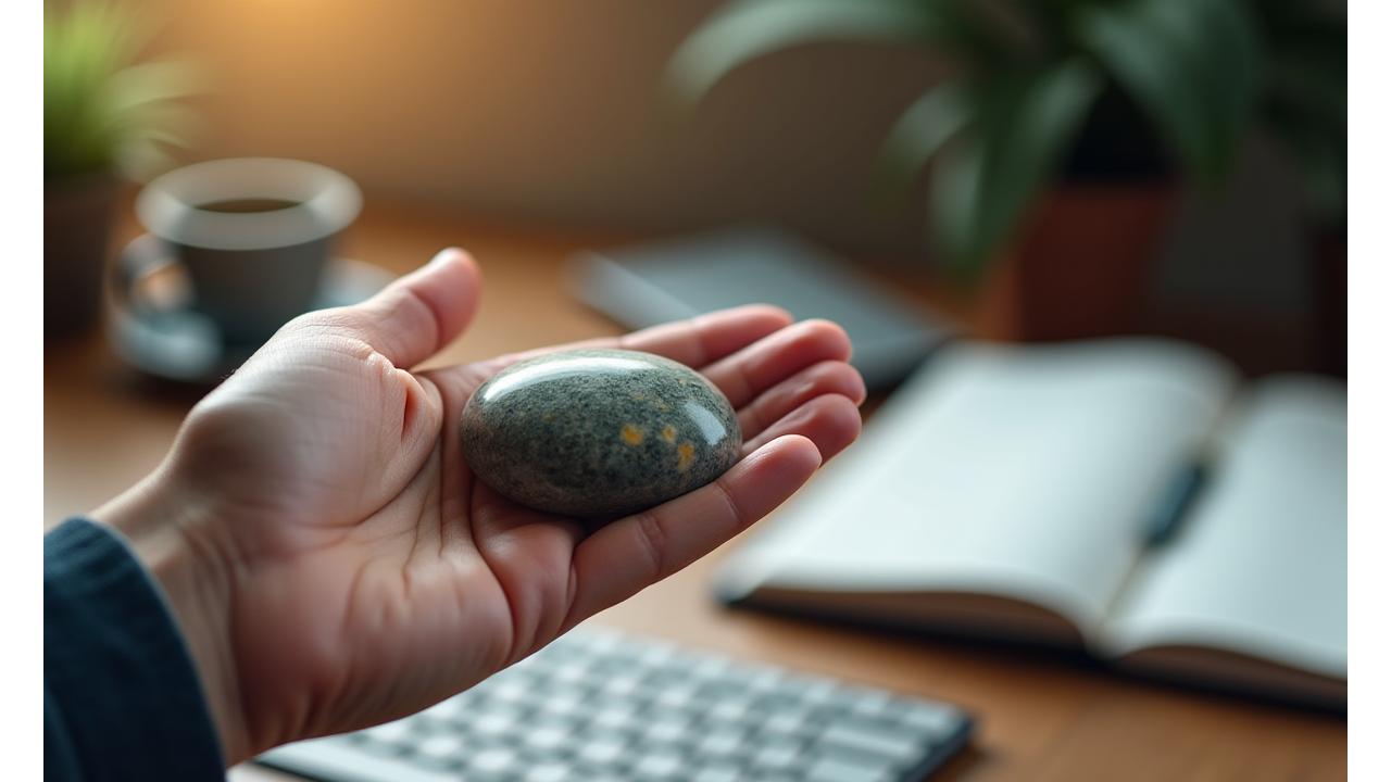 Hand holding a smooth, calming river stone, signifying peace and focus amidst busy hands and a softly blurred background of office work. Warm, empathetic tone.