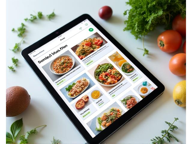 User-friendly meal planning interface on a tablet with various healthy dishes