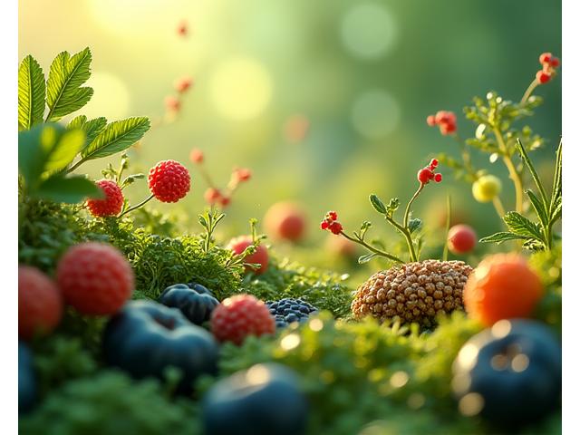 Microscopic visualization of healthy gut bacteria with food elements intertwined