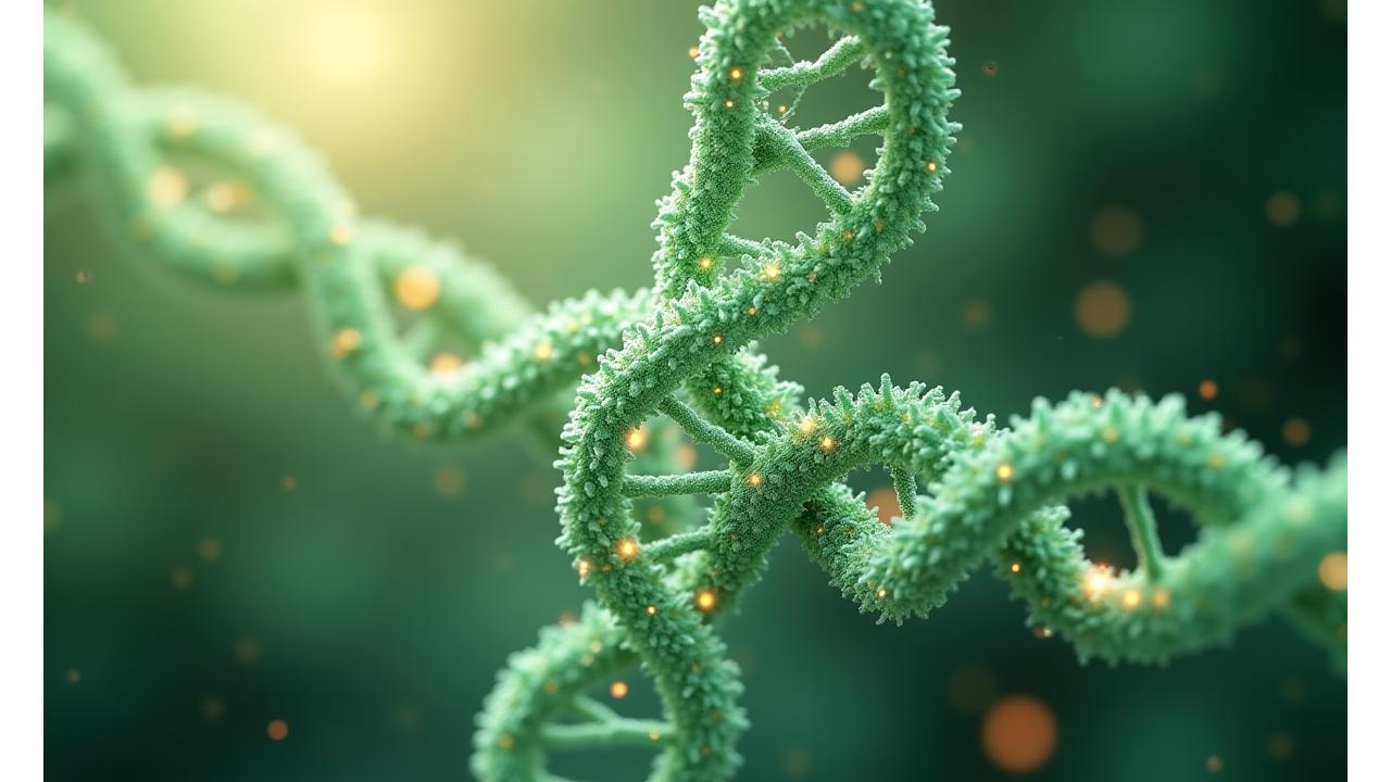 Abstract visualization of DNA helix and gut microbiome, representing personalized nutrition