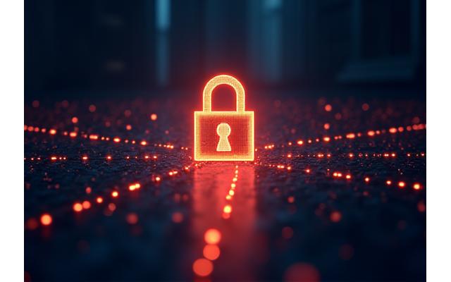 Glowing digital padlock over a secure data network