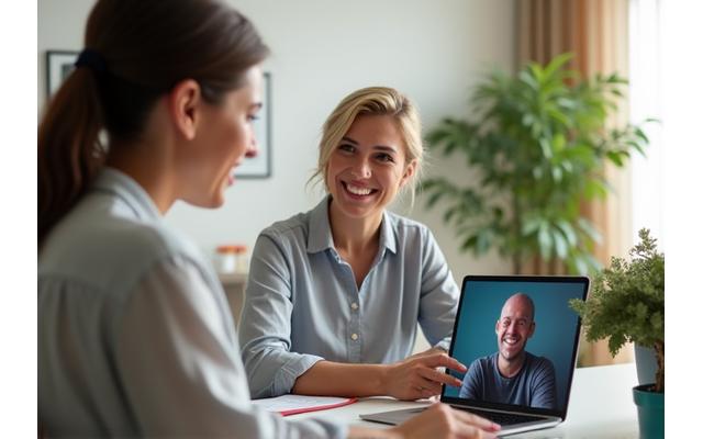 A warm, empathetic sleep coach interacting with a client via video call on a tablet, symbolizing personalized support and expert guidance.