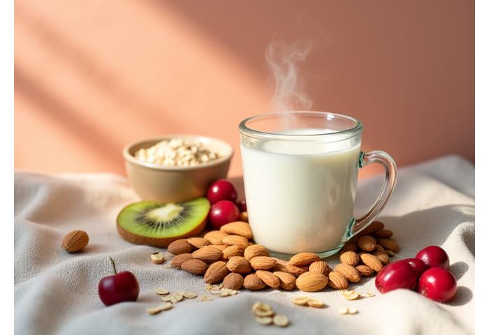 A beautifully arranged display of sleep-promoting foods like warm milk, almonds, cherries, kiwi, and whole grains, emphasizing natural nutrition for restful sleep.
