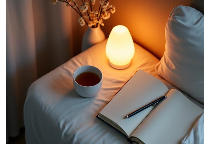 An organized, calming bedside table with a journal, warm tea, and a subtle smart lamp, representing an effective pre-sleep routine for busy adults.
