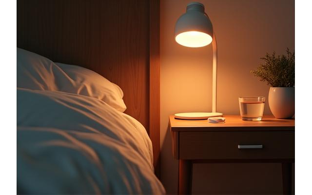 Serene bedroom at night with soft lighting, an adult figure peacefully asleep, and subtle tech elements like a smart lamp and a sleep tracker on a bedside table, illustrating restful recovery
