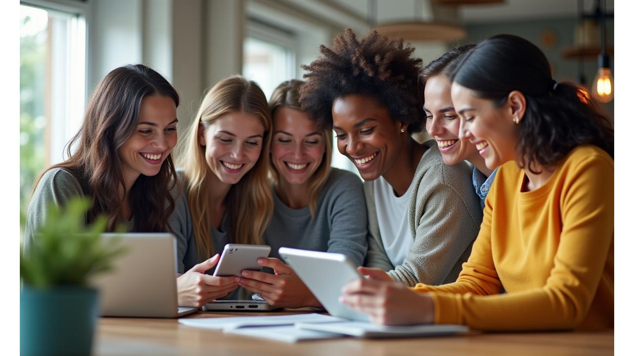 Diverse group of adults 35+ interacting happily on a digital wellness platform, smiling and engaged.
