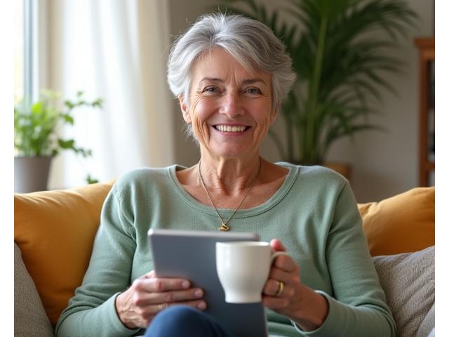 A woman in her late 40s smiling genuinely while on a video call, holding a cup of tea, with a modern, bright home office background. Represents virtual connection and personal well-being.